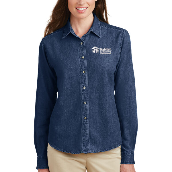 Port & Co™ Women's Long Sleeve Value Denim Shirt - Embroidered Logo Thumbnail